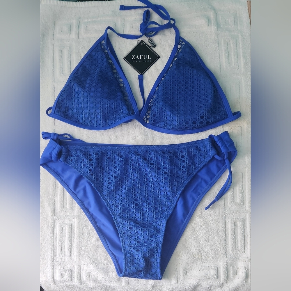 NWT ZAFUL Women Halter Triangle Bikini Set Crochet Boho Royal Blue Size XXL